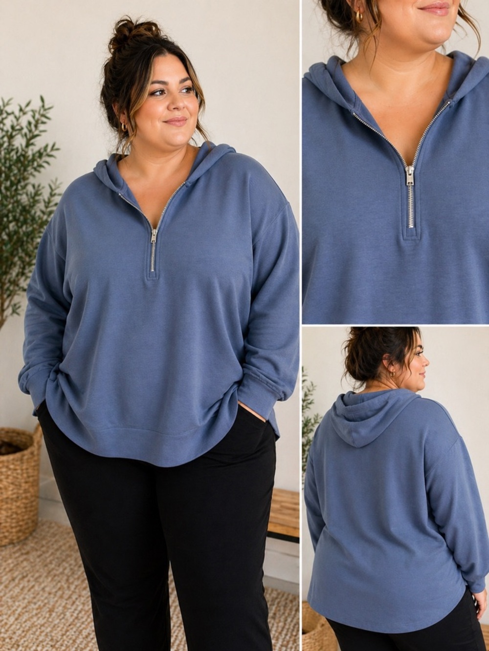 Magaschoni 2X Blue 1/4 Zip Hoodie Luxe Minimalist Pullover Athleisure Oversized